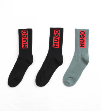 HUGO Conjunto de 3 pares de meias com logtipo preto, cinzento