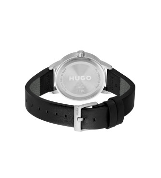 HUGO Analogue watch with leather strap Define black