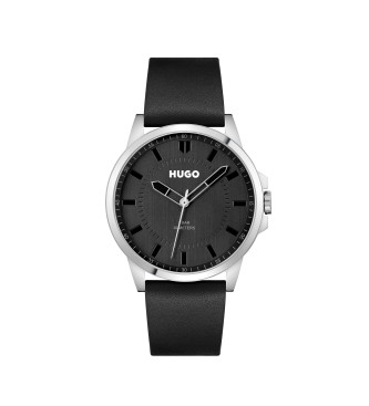 HUGO Analogue watch with leather strap First black