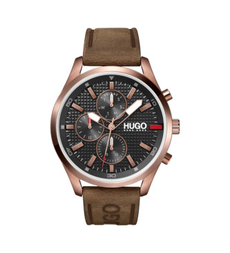 HUGO Montre multifonction avec bracelet en cuir Chase noir