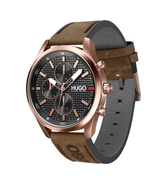 HUGO Montre multifonction avec bracelet en cuir Chase noir