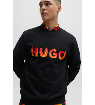 HUGO Bomuldsfleece-sweatshirt med flammeprint, sort