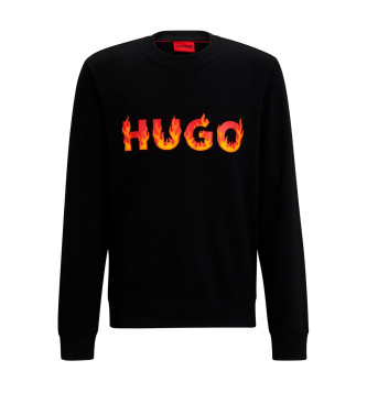 HUGO Sweatshirt i bomullsfleece med svart flammigt tryck