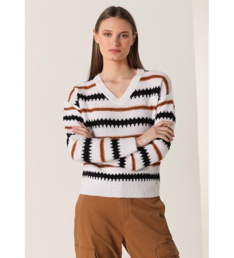 Lois Jeans Open V-neck jersey with white jaquard stripes