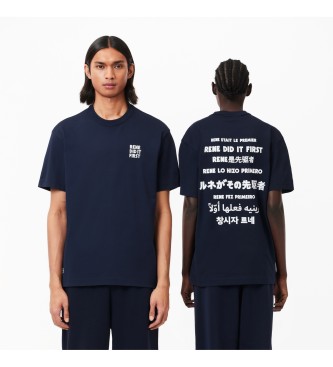 Lacoste T-shirt with slogan on the navy back