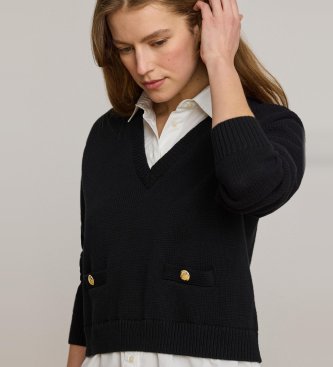 Lauren Ralph Lauren Pull en coton avec bordure à boutons noir