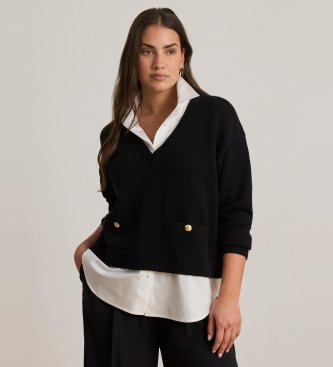 Lauren Ralph Lauren Pull en coton avec bordure à boutons noir