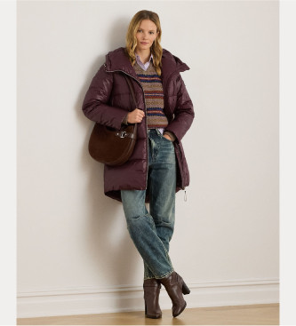 Lauren Ralph Lauren Bordowy pikowany płaszcz puchowy z kapturem