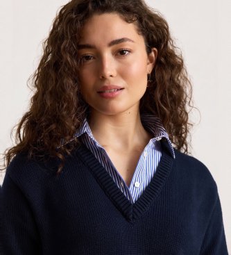 Lauren Ralph Lauren Bombažen pulover z obrobo z gumbi v mornarsko modri barvi