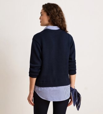 Lauren Ralph Lauren Bombažen pulover z obrobo z gumbi v mornarsko modri barvi