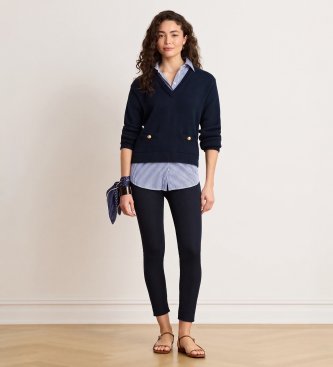 Lauren Ralph Lauren Bombažen pulover z obrobo z gumbi v mornarsko modri barvi