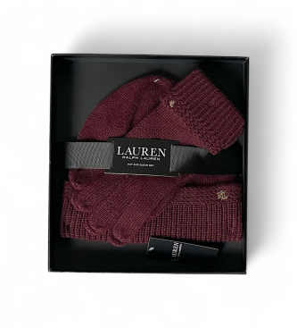 Lauren Ralph Lauren Set de gorro y guantes de punto con pespunte en cremallera granate