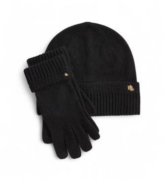 Lauren Ralph Lauren Set de gorro y guantes de punto con pespunte en cremallera negro