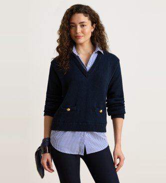Lauren Ralph Lauren Bomullströja med knappkant i marinblått