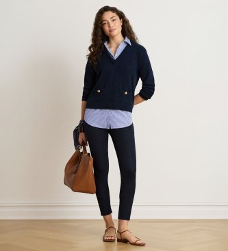 Lauren Ralph Lauren Bomullströja med knappkant i marinblått