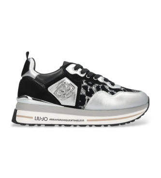 Liu Jo Zwart, zilver, glitter platformschoenen met dierenprint