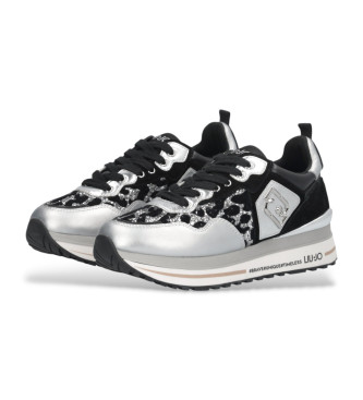 Liu Jo Zwart, zilver, glitter platformschoenen met dierenprint