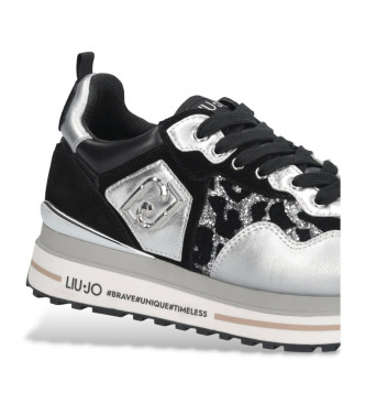 Liu Jo Zwart, zilver, glitter platformschoenen met dierenprint
