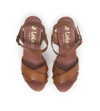 Lois Jeans Bruine leren sandalen met houten hak -Hakhoogte 9cm