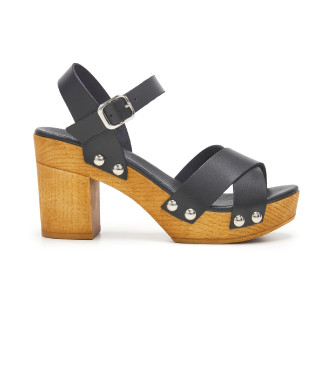 Lois Jeans Zwart leren sandalen met houten hak -Hakhoogte 9cm