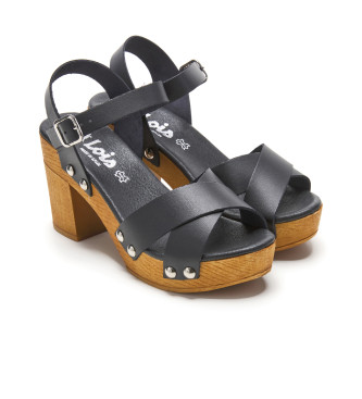 Lois Jeans Black leather sandals with wooden heel -Heel height 9cm