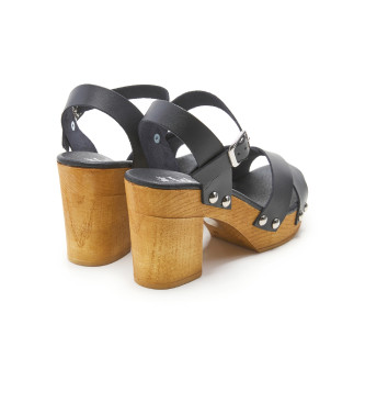 Lois Jeans Zwart leren sandalen met houten hak -Hakhoogte 9cm