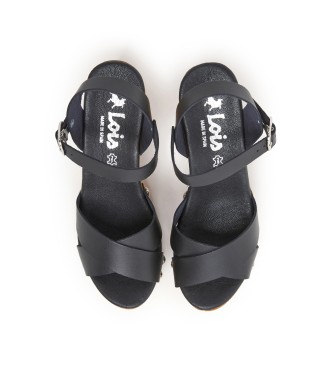 Lois Jeans Črni usnjeni sandali z leseno peto -Višina pete 9 cm