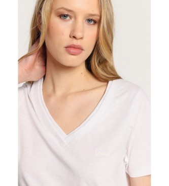 Lois Jeans Kortrmet basis-T-shirt med dobbelt V-udskring og ribkrave hvid