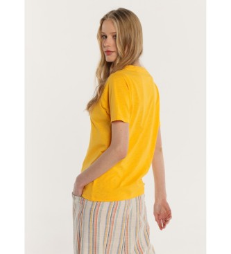 Lois Jeans Osnovna majica s kratkimi rokavi in dvojnim V-izrezom z rebrastim ovratnikom rumene barve