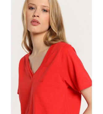 Lois Jeans T-shirt bsica de manga curta com gola dupla em V com nervuras vermelha