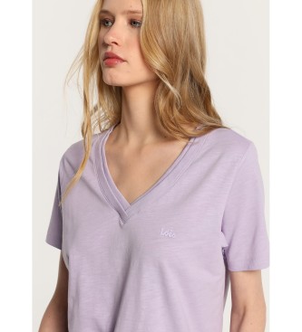 Lois Jeans T-shirt basic a maniche corte con doppio scollo a V in costina di colore viola