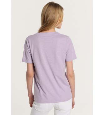 Lois Jeans T-shirt basic a maniche corte con doppio scollo a V in costina di colore viola