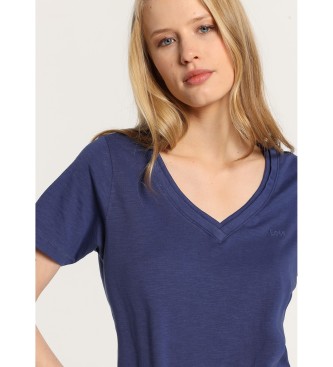Lois Jeans T-shirt bsica de manga curta com decote em V com nervuras duplas em azul-marinho