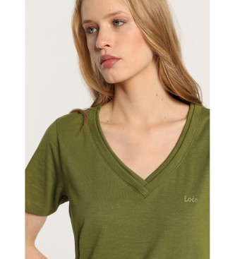 Lois Jeans Osnovna majica s kratkimi rokavi in dvojnim V-izrezom z rebrastim ovratnikom zelene barve