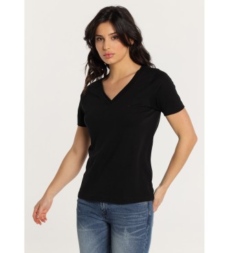 Lois Jeans Kortrmad bas-T-shirt med dubbel V-ringad ribbad krage svart