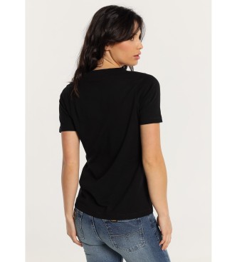 Lois Jeans Kortrmad bas-T-shirt med dubbel V-ringad ribbad krage svart