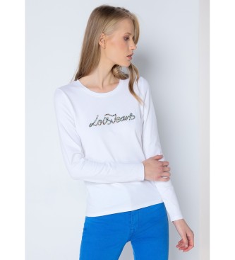 Lois Jeans Basic Langarm-T-Shirt Logo Steine-Juwelen wei