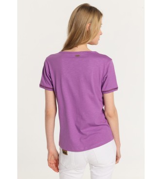 Lois Jeans Podstawowa koszulka z krótkim rękawem i dekoltem w szpic z fioletowymi wycięciami