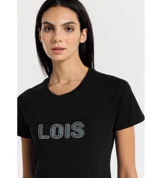 Lois Jeans Kortrmet T-shirt med sort rhinestone-logo