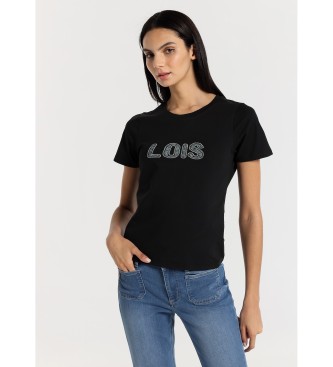 Lois Jeans Kortrmet T-shirt med sort rhinestone-logo