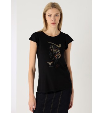 Lois Jeans T-shirt a maniche corte con volant grafica leopardata nera in lurex