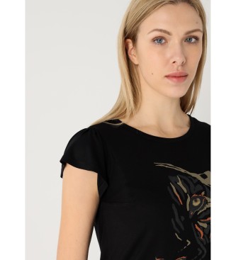 Lois Jeans T-shirt a maniche corte con volant grafica leopardata nera in lurex