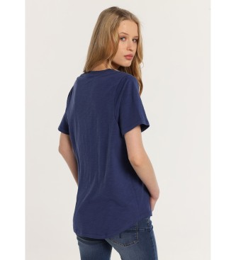 Lois Jeans Kurzrmeliges T-Shirt mit V-Ausschnitt und marineblauer Stickerei