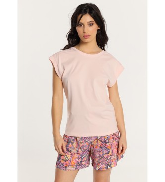 Lois Jeans T-shirt rosa con maniche scese e coste aperte sul retro
