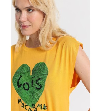 Lois Jeans T-shirt con maniche scese, girocollo, stampa foglie di macadamia e perline.