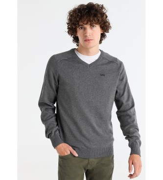 Lois Jeans Podstawowy sweter dzianinowy z dekoltem w szpic w kolorze szarym