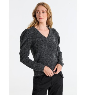 Lois Jeans V-neck pullover with puffed sleeves black