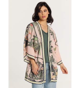 Lois Jeans Roze kimono met tropische print en 3/4 mouwen