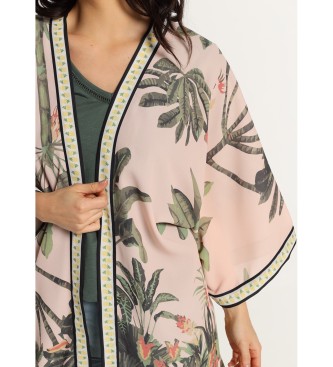 Lois Jeans Różowe kimono z rękawem 3/4 z tropikalnym nadrukiem