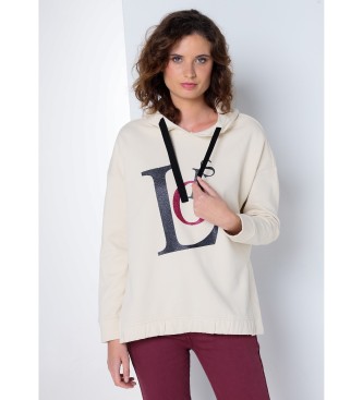 Lois Jeans Off-white grafisk sweatshirt med huva och ppning i sidan